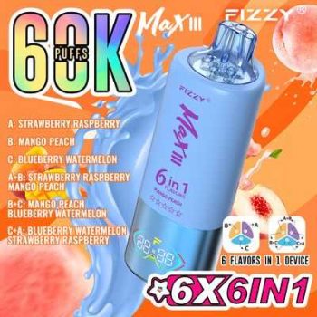 Fizzy Max III 6in1 60K 60000 Puffs Rechargeable Disposable Vape – Strawberry Raspberry & Mango Peach & Blueberry Watermelon – 10pcs