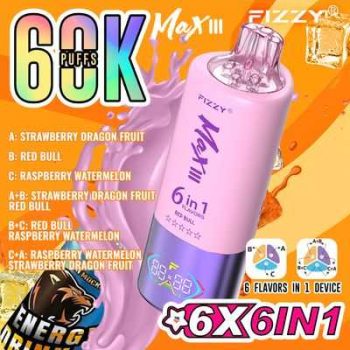 Fizzy Max III 6in1 60K 60000 Puffs Rechargeable Disposable Vape – Strawberry Dragon Fruit & Red Bull & Raspberry Watermelon – 10pcs