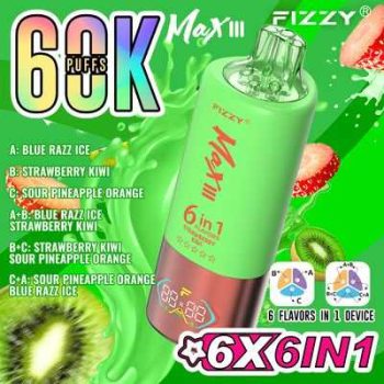 Fizzy Max III 6in1 60K 60000 Puffs Rechargeable Disposable Vape – Blue Razz Ice & Strawberry Kiwi & Sour Pineapple Orange – 10pcs