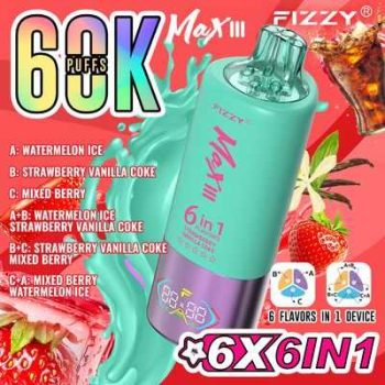 Fizzy Max III 6in1 60K 60000 Puffs Rechargeable Disposable Vape – Watermelon Ice & Strawberry Vanilla Coke & Mixed Berry – 10pcs