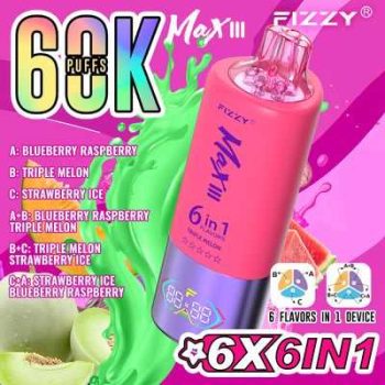 Fizzy Max III 6in1 60K 60000 Puffs Rechargeable Disposable Vape – Blueberry Raspberry & Triple Melon & Strawberry Ice – 10pcs